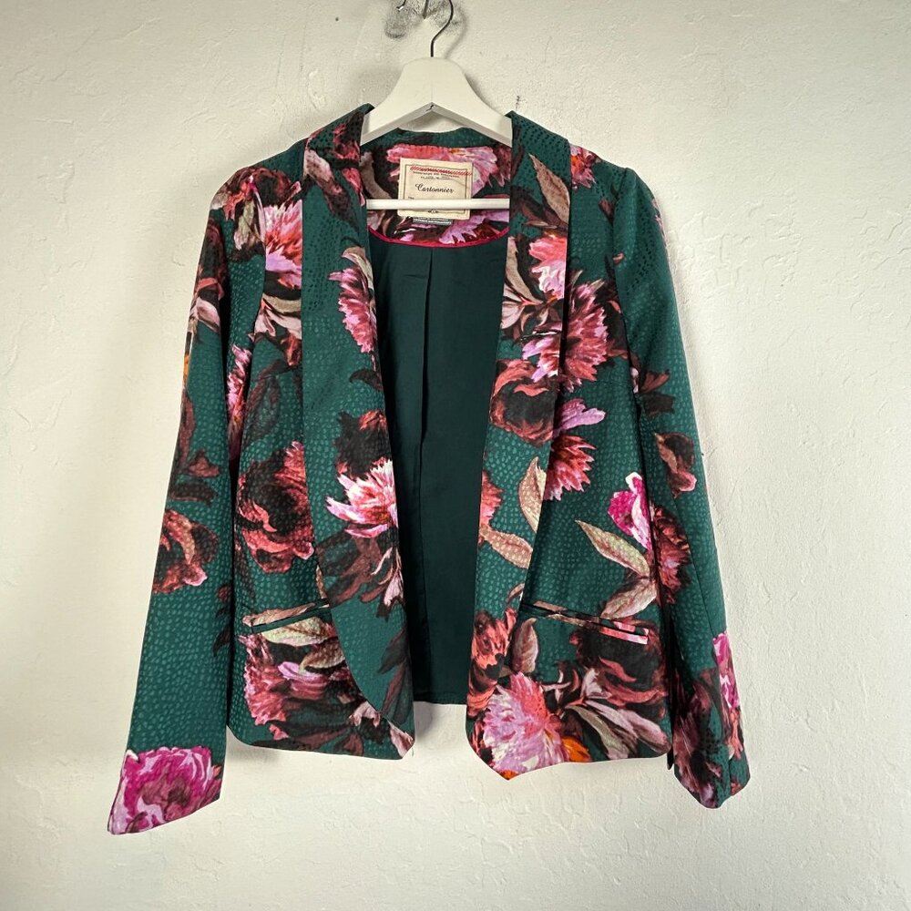 Cartonnier Womens Floral Shawl Collar Blazer Jacket Size 0 Green Single-Breasted